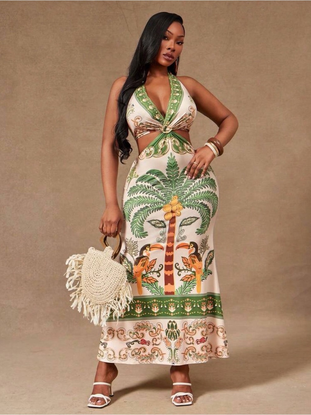 Sale 🔥New Arrivals! Tropical Palm Cutout Maxi Dress in Green & Cream